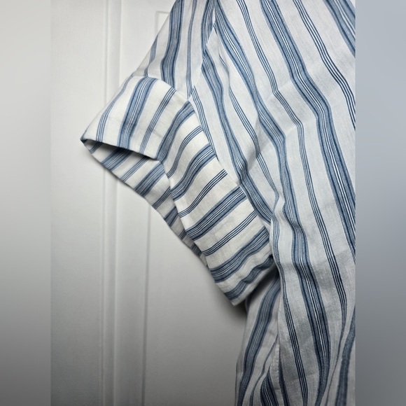 Frame Leisure Linen Shirt Large Blue White Striped Cuffed Sleeve Button Up EUC - Picture 2 of 7